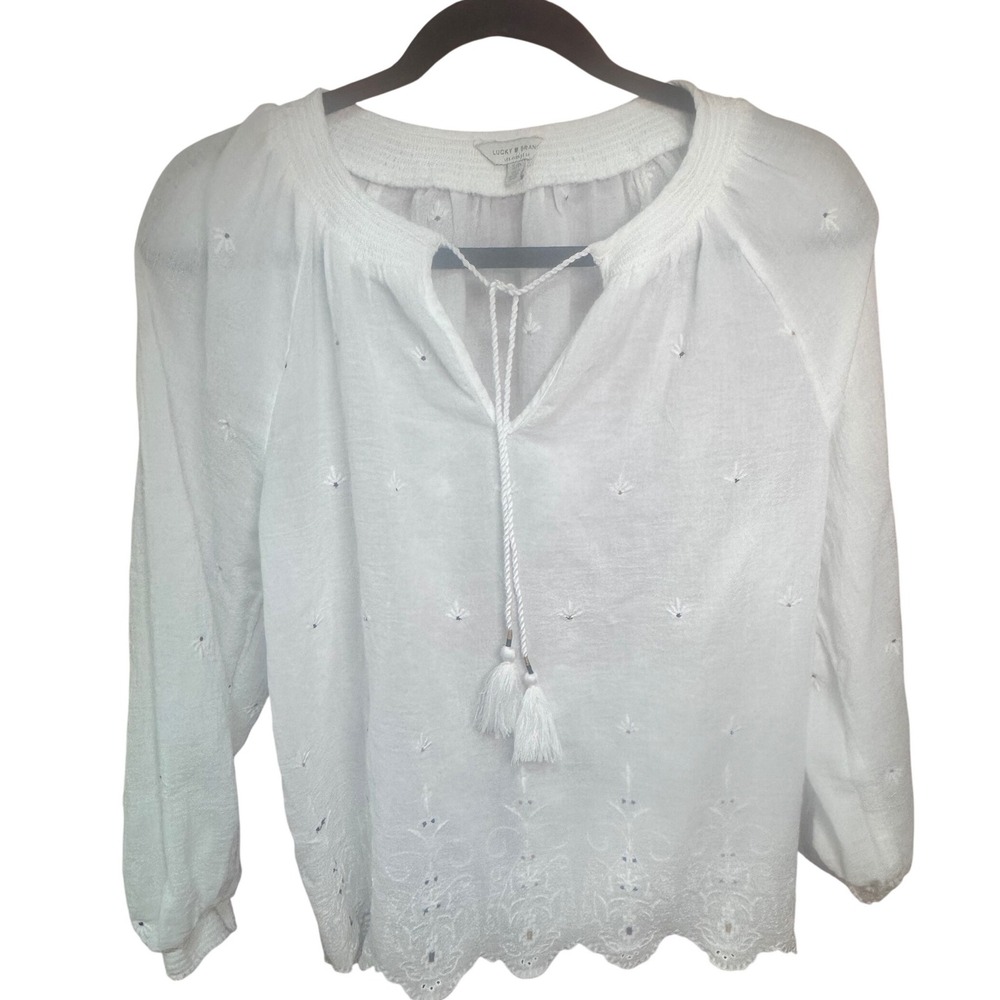 Lucky Brand White Eyelet Peasant Blouse Tassel Tie Neck Small Boho